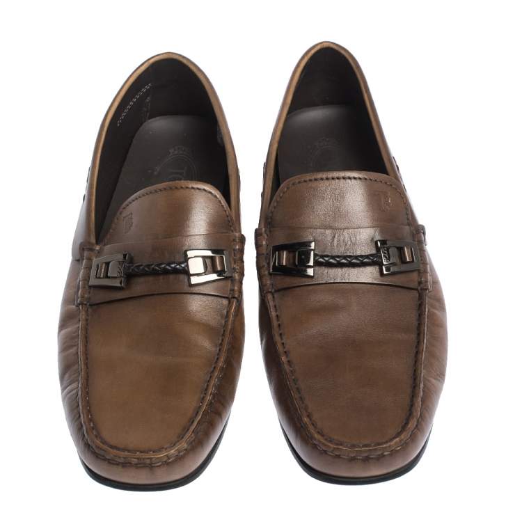 مملوكة مسبقًا Tod's Brown Leather Braided Horsebit Slip On Loafers Size 42.5