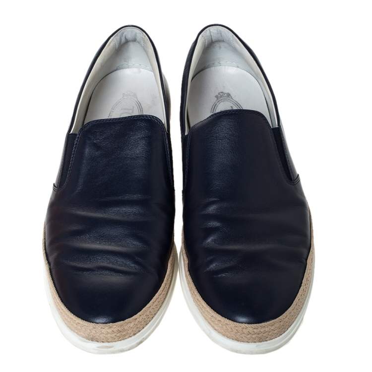 Pre Owned Tod's Blue Leather Espadrille Slip-On Sneakers Size 42.5