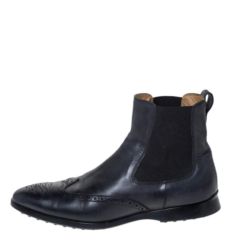 Pre Owned Tod's Blue Leather Brogue Slip On Boots Size 42.5