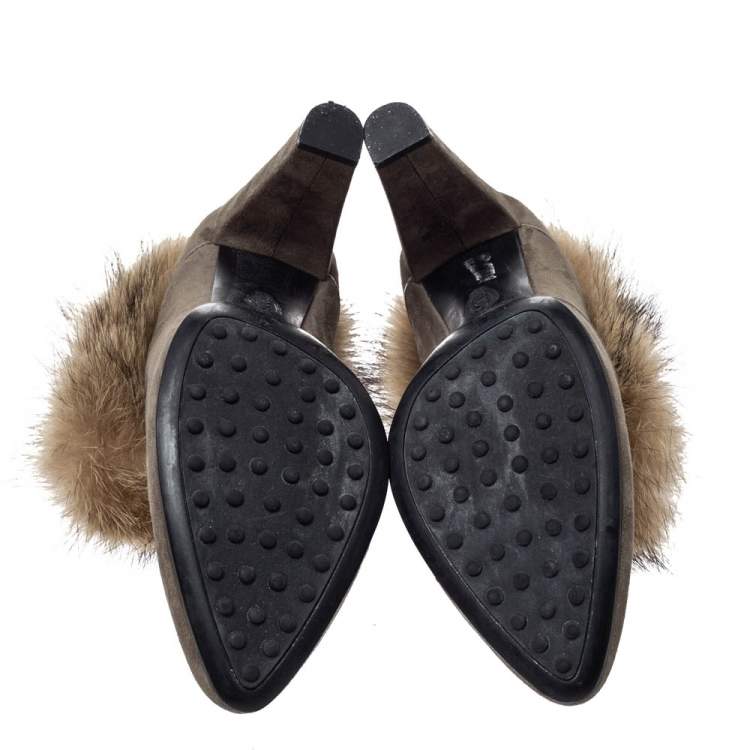 Pre Owned Tod's Grey Suede Marmot Fur Trim Ankle Boots Size 41