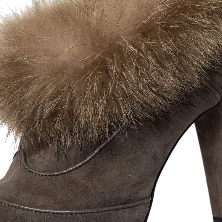 Pre Owned Tod's Grey Suede Marmot Fur Trim Ankle Boots Size 41