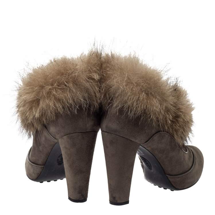 Pre Owned Tod's Grey Suede Marmot Fur Trim Ankle Boots Size 41