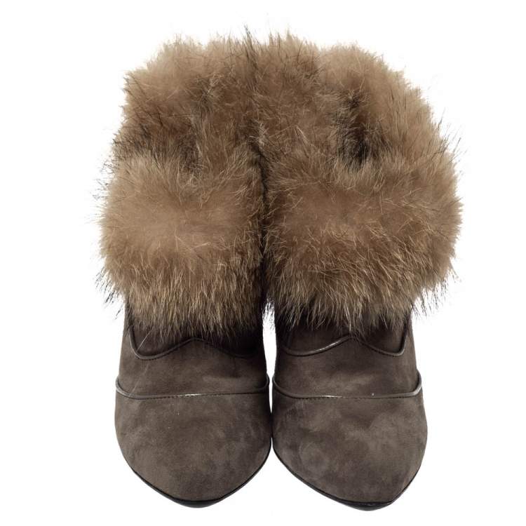 Pre Owned Tod's Grey Suede Marmot Fur Trim Ankle Boots Size 41