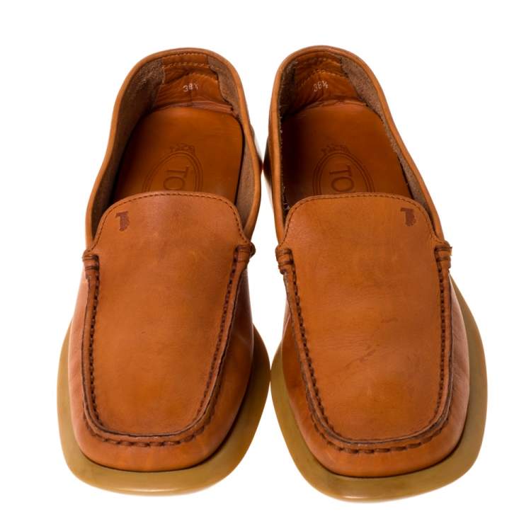 Pre Owned Tod's Tan Leather Rubber Sole Loafers Size 38.5