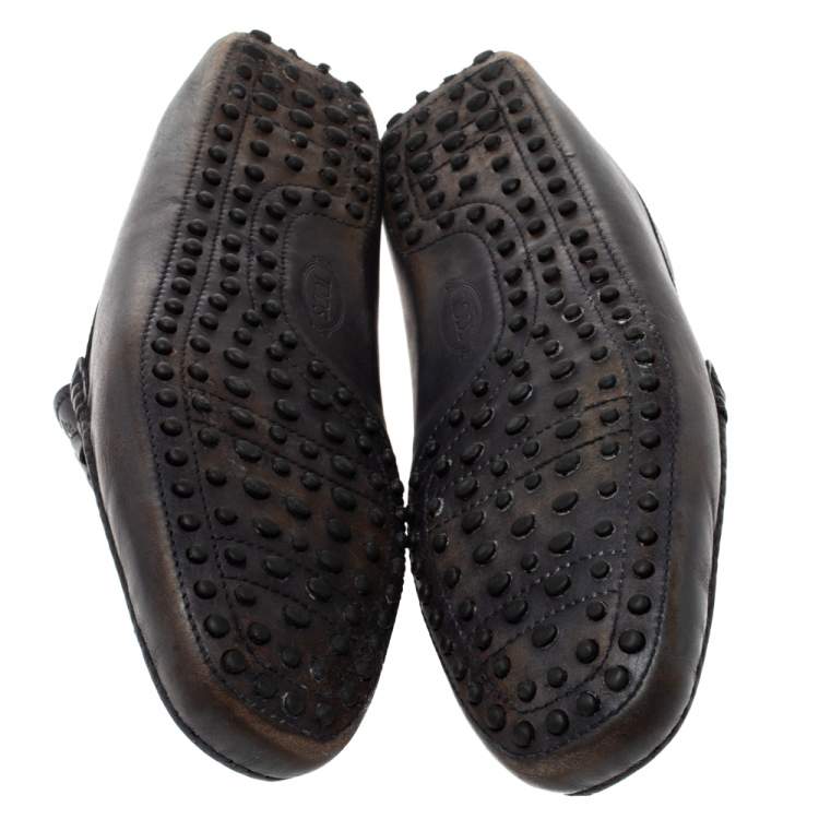 Pre Owned Tod's Navy Blue Leather Double T Bit Loafers Size 45