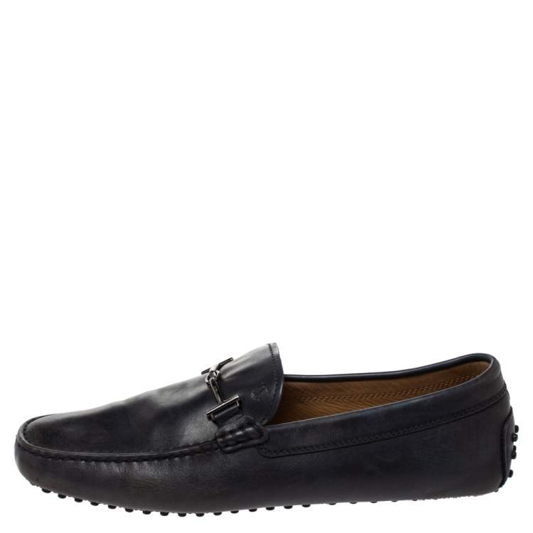 Pre Owned Tod's Navy Blue Leather Double T Bit Loafers Size 45