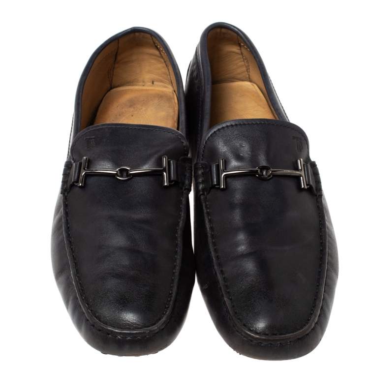 Pre Owned Tod's Navy Blue Leather Double T Bit Loafers Size 45