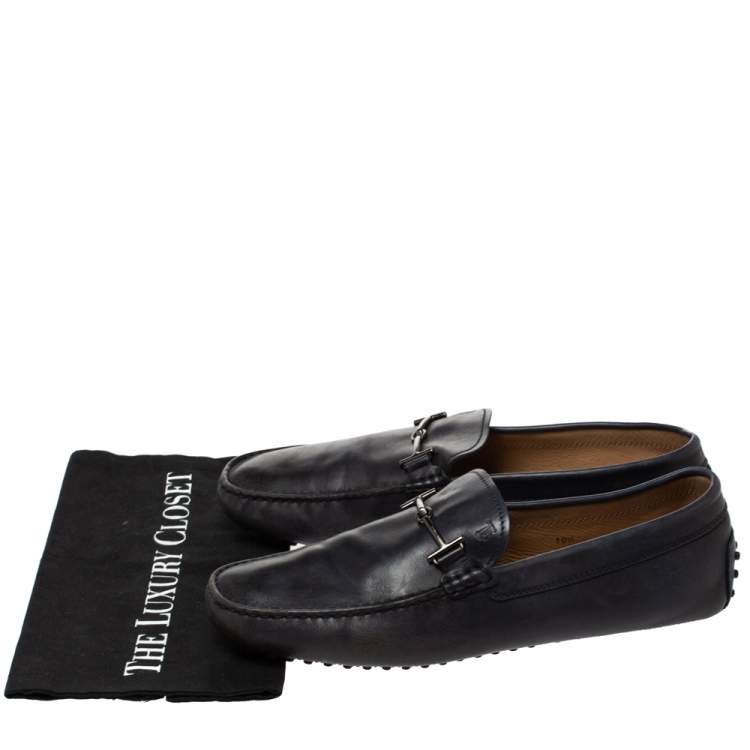 Pre Owned Tod's Navy Blue Leather Double T Bit Loafers Size 45