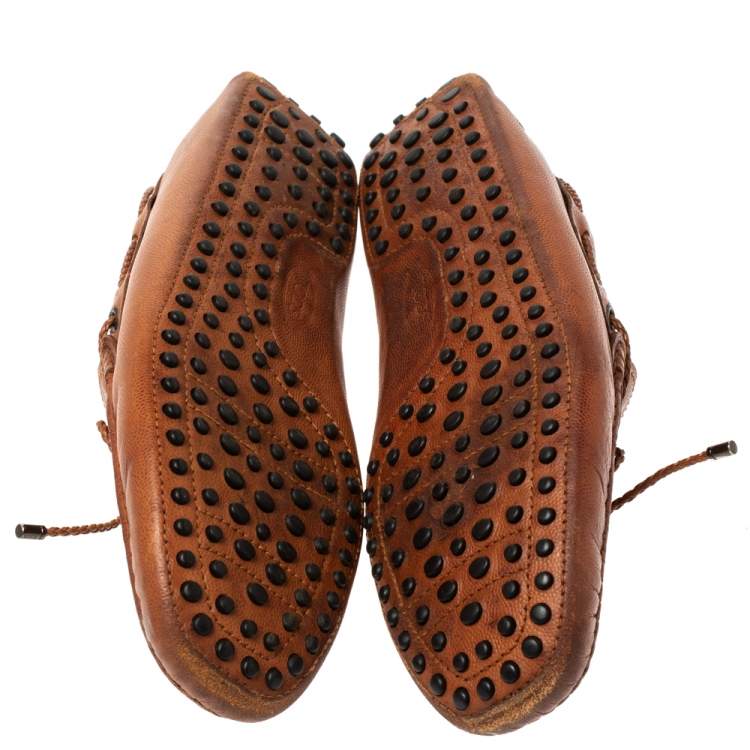 Pre Owned Tod's Brown Leather Braided Bow Slip On Loafers Size 42