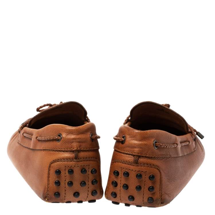 Pre Owned Tod's Brown Leather Braided Bow Slip On Loafers Size 42