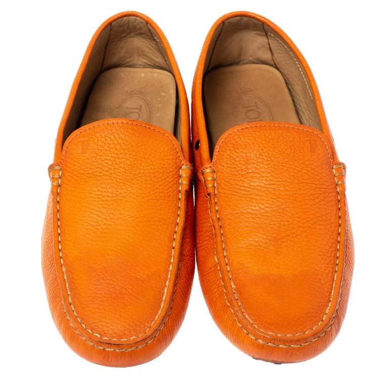 Pre Owned Tod's Orange Leather Slip On Loafers Size 44