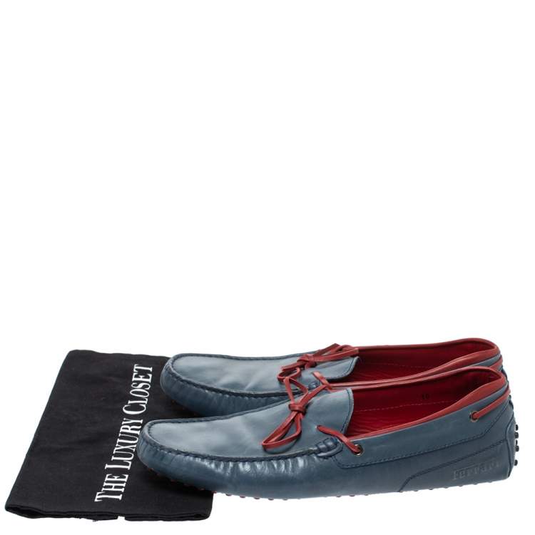 Pre Owned Tod's Blue/Red Leather Bow Loafers Size 44.5
