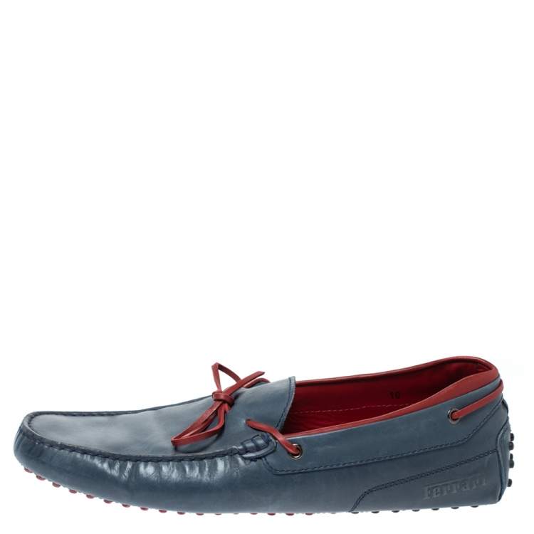 Pre Owned Tod's Blue/Red Leather Bow Loafers Size 44.5