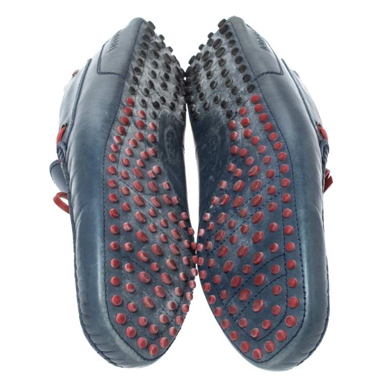 Pre Owned Tod's Blue/Red Leather Bow Loafers Size 44.5