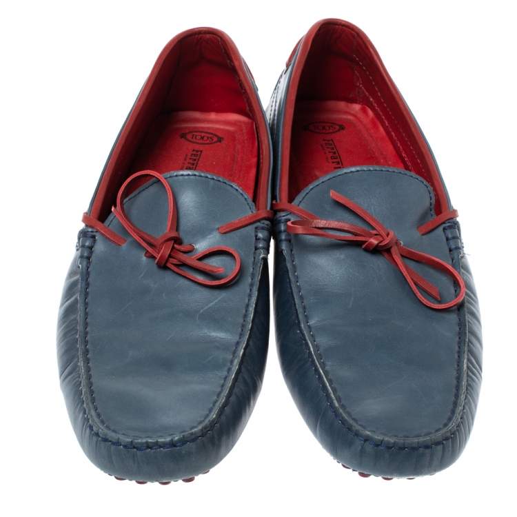 Pre Owned Tod's Blue/Red Leather Bow Loafers Size 44.5