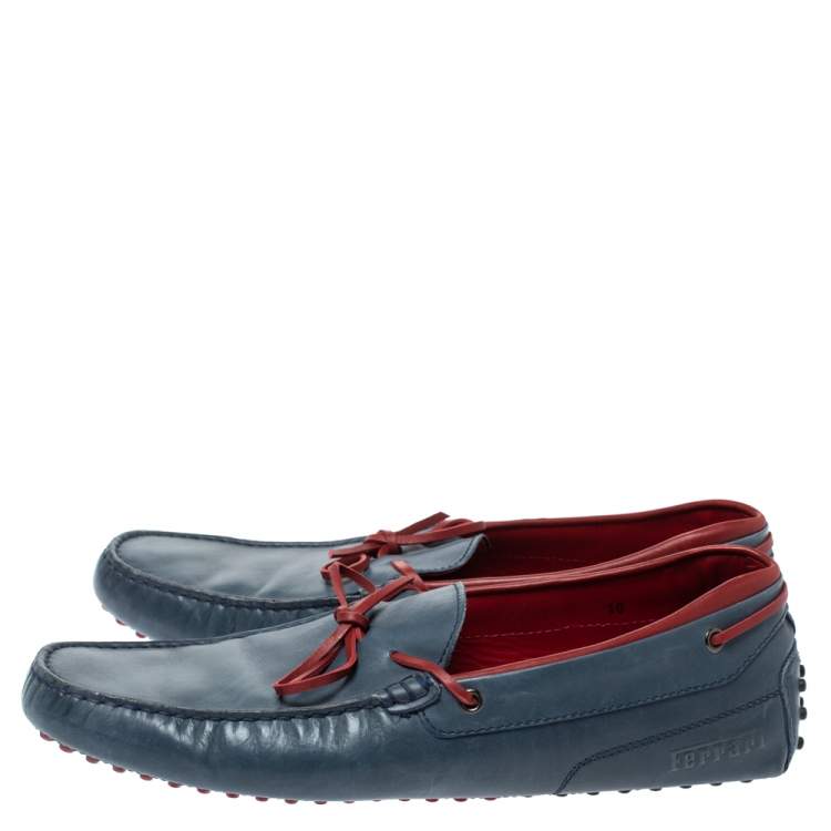 Pre Owned Tod's Blue/Red Leather Bow Loafers Size 44.5