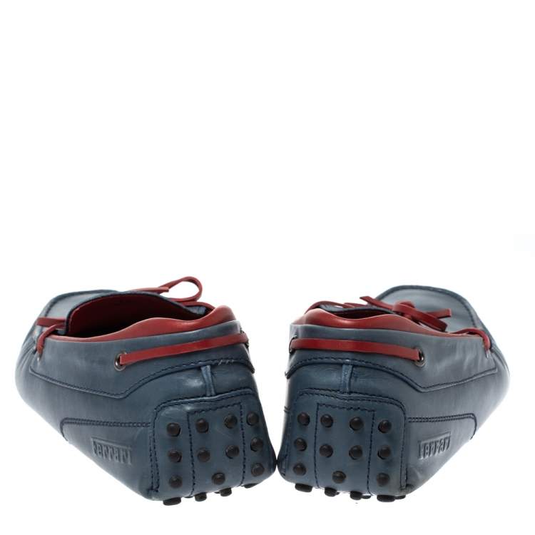 Pre Owned Tod's Blue/Red Leather Bow Loafers Size 44.5