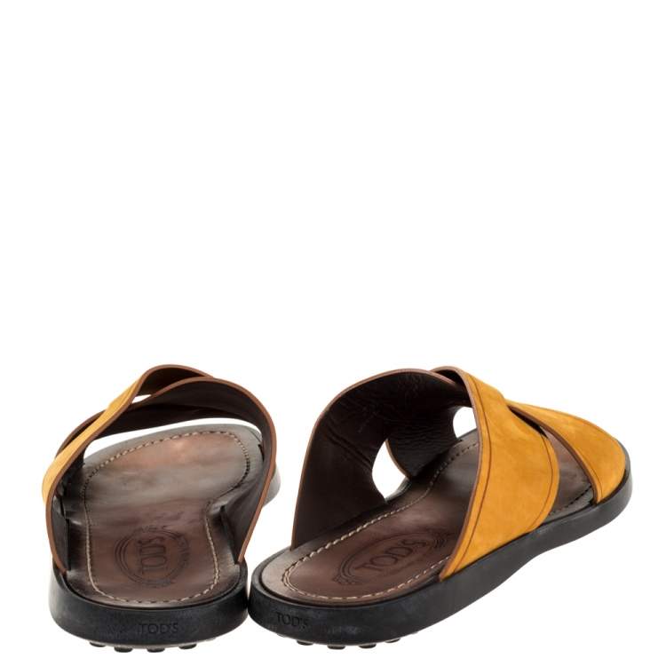 Pre Owned Tod's Yellow Nubuck Crossed Strap Flat Sandals Size 41