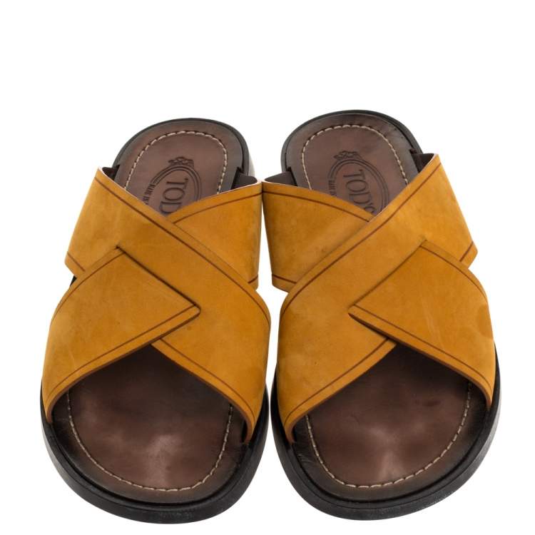 Pre Owned Tod's Yellow Nubuck Crossed Strap Flat Sandals Size 41