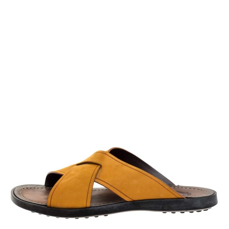 Pre Owned Tod's Yellow Nubuck Crossed Strap Flat Sandals Size 41