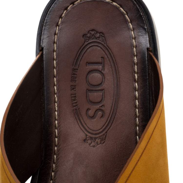 Pre Owned Tod's Yellow Nubuck Crossed Strap Flat Sandals Size 41