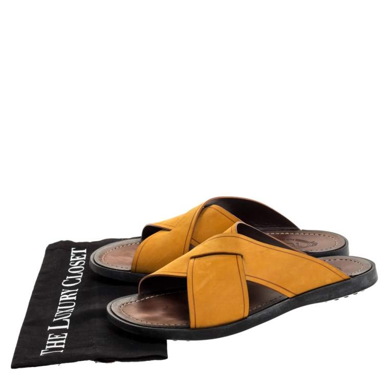 Pre Owned Tod's Yellow Nubuck Crossed Strap Flat Sandals Size 41
