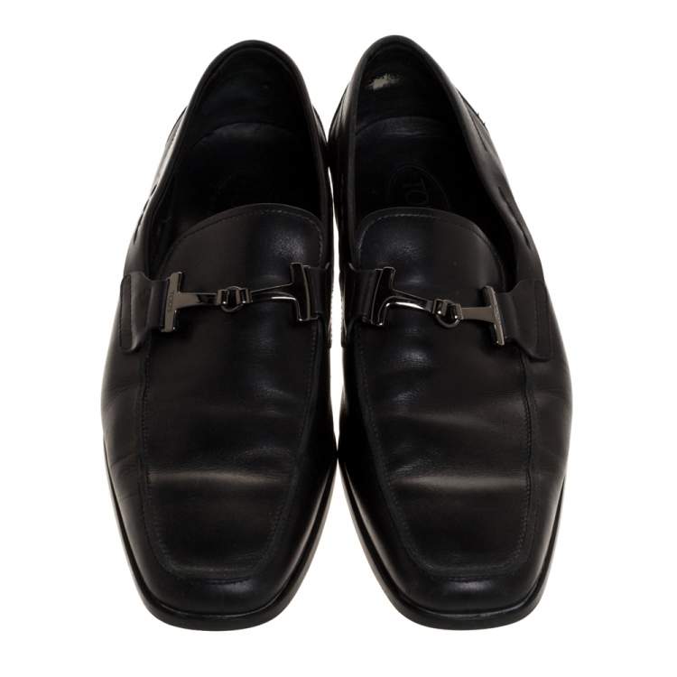 Pre Owned Tod's Black Leather Double T Slip On Loafers Size 44.5