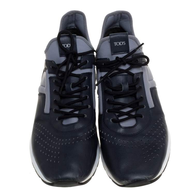 Pre Owned Tod's Blue Perforated Leather and Fabric Lace Up Sneakers Size 44.5