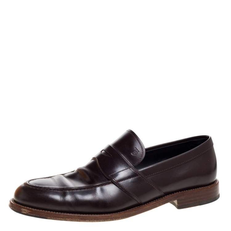 Pre Owned Tod's Dark Brown Leather Penny Slip On Loafers Size 42.5