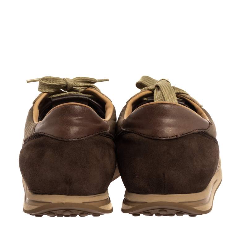 Pre Owned Tod's Brown/Green Nylon, Leather and Suede Low Top Sneakers Size 44