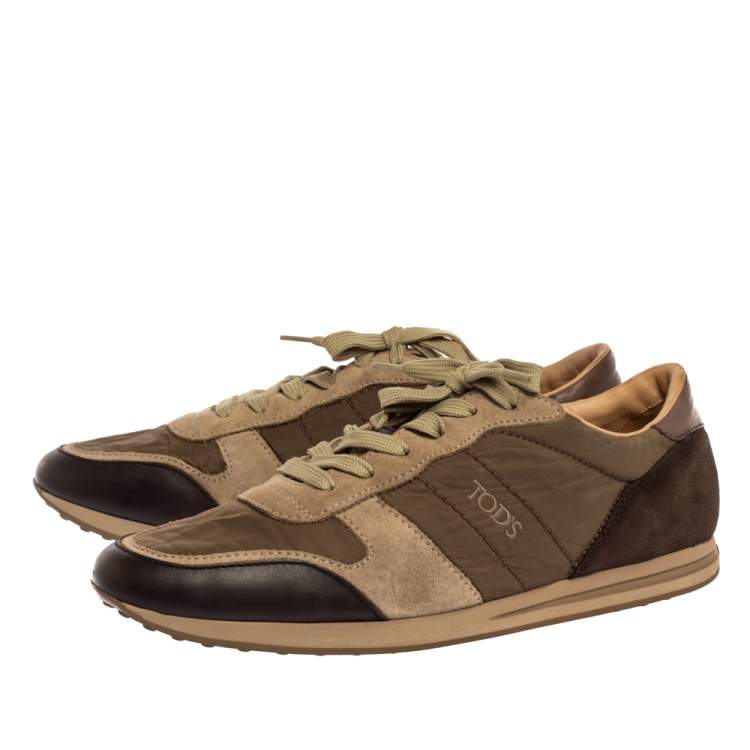 Pre Owned Tod's Brown/Green Nylon, Leather and Suede Low Top Sneakers Size 44