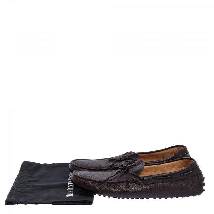 Pre Owned Tod's Dark Brown Leather Bow Driver Loafers Size 47