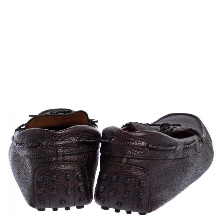Pre Owned Tod's Dark Brown Leather Bow Driver Loafers Size 47