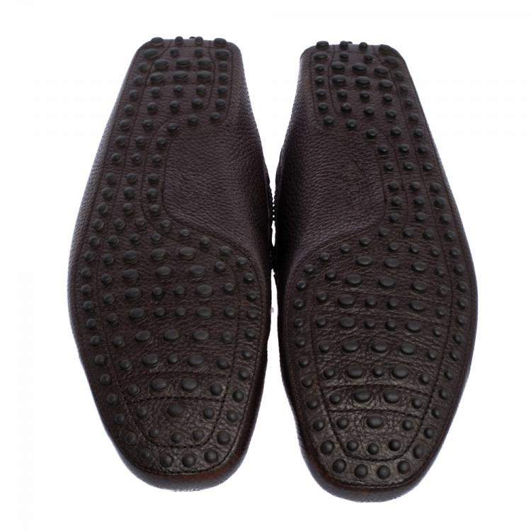 Pre Owned Tod's Dark Brown Leather Bow Driver Loafers Size 47