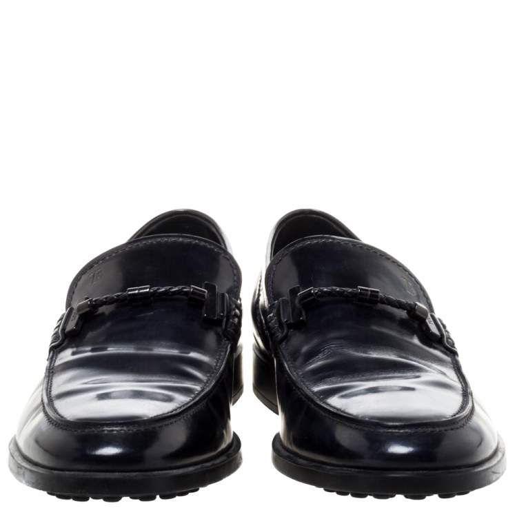 مملوكة مسبقًا Tod's Black Glossy Leather Beaded Horse Bit Slip On Loafers Size 43