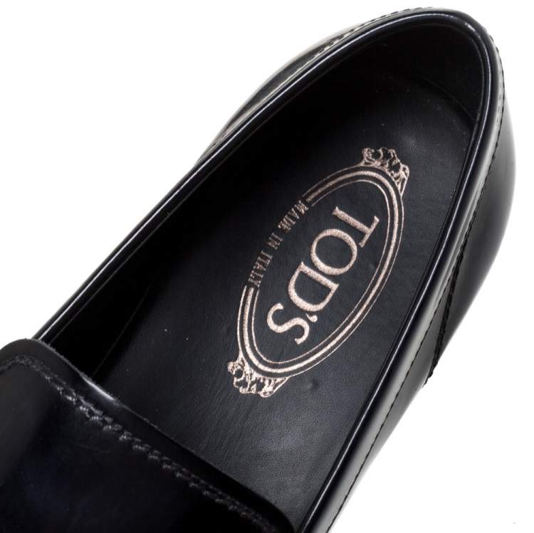 مملوكة مسبقًا Tod's Black Glossy Leather Beaded Horse Bit Slip On Loafers Size 43