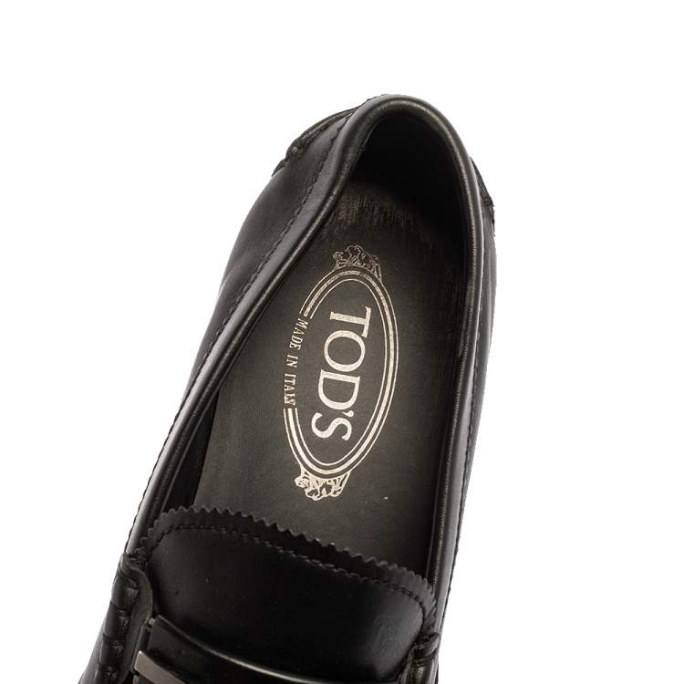 Pre Owned Tod's Black Leather Metal Bar Loafers Size 41.5