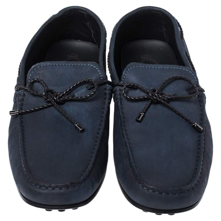 Pre Owned Tod's Blue Suede Bow Tassel Driver Loafers Size 44.5