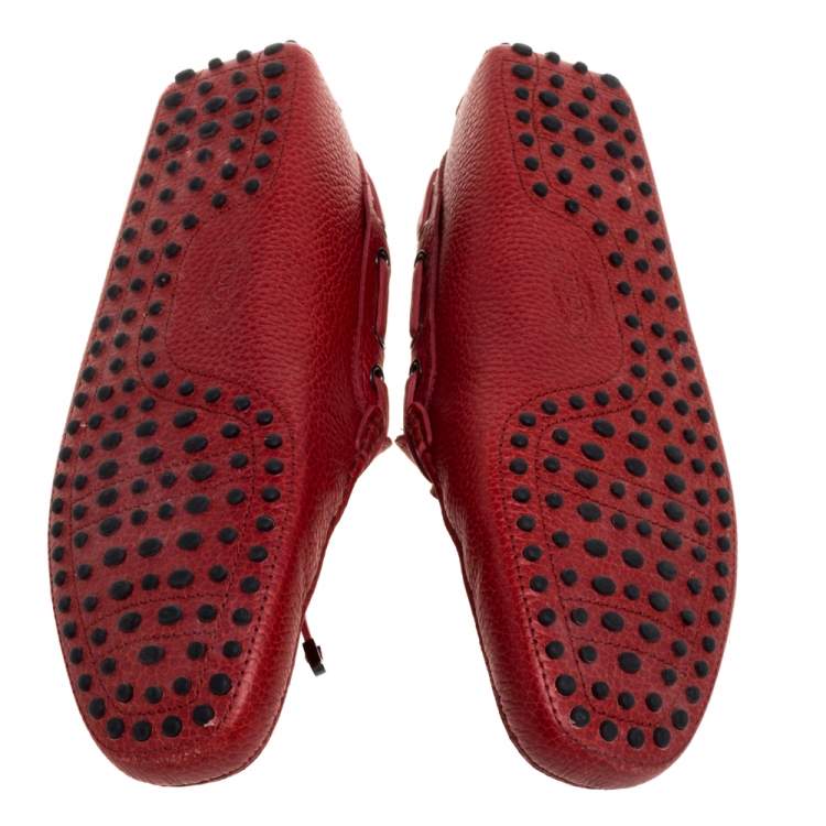 Pre Owned Tod's Red Pebbled Leather Bow Gommino Loafers Size 41.5