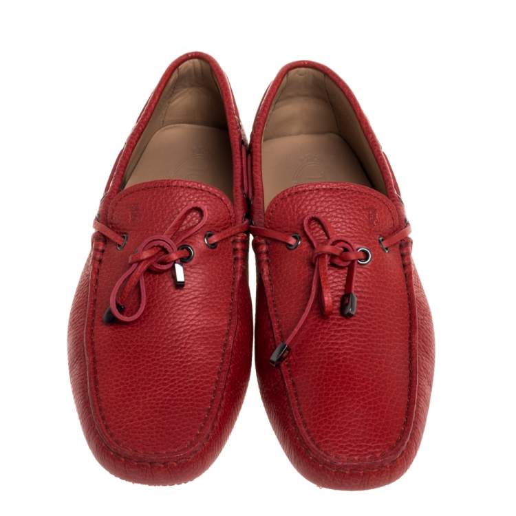 Pre Owned Tod's Red Pebbled Leather Bow Gommino Loafers Size 41.5