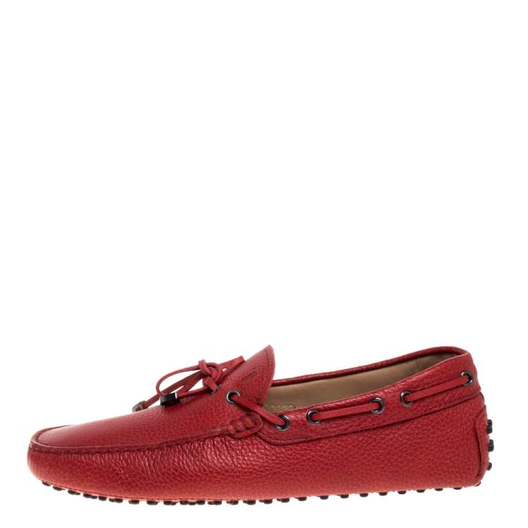 Pre Owned Tod's Red Pebbled Leather Bow Gommino Loafers Size 41.5