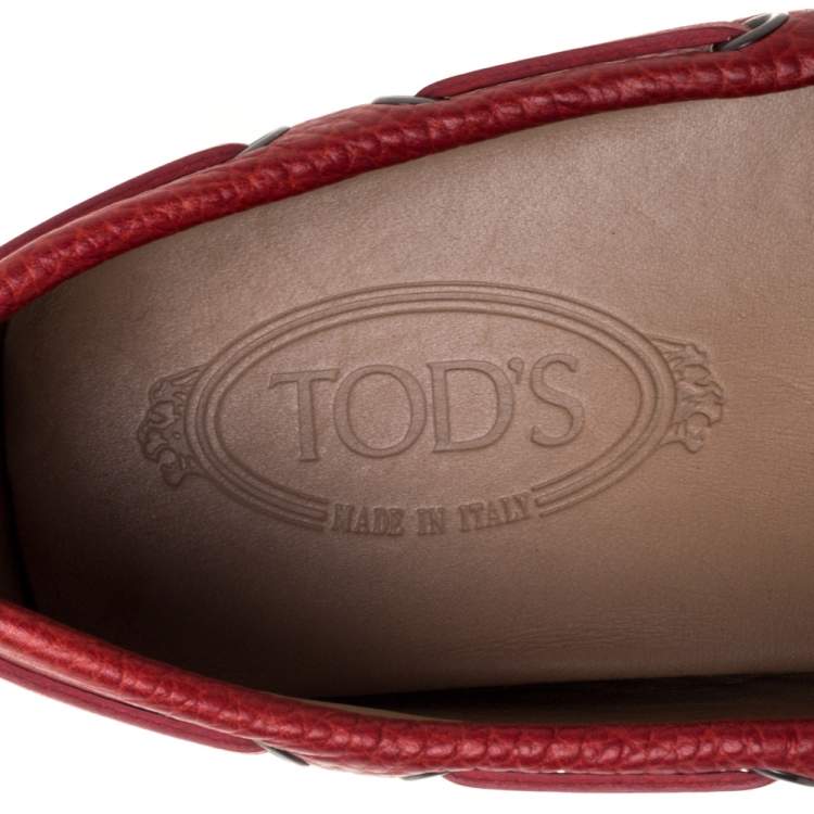 Pre Owned Tod's Red Pebbled Leather Bow Gommino Loafers Size 41.5