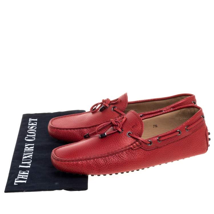 Pre Owned Tod's Red Pebbled Leather Bow Gommino Loafers Size 41.5