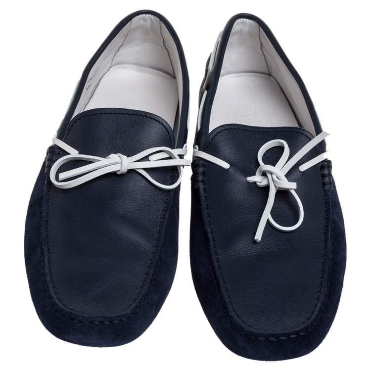 Pre Owned Tod's Blue/White Suede Leather And Fabric Bow Slip On Loafers Size 41.5