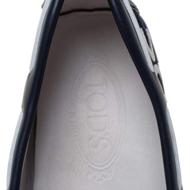 Pre Owned Tod's Blue/White Suede Leather And Fabric Bow Slip On Loafers Size 41.5