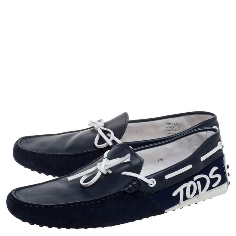 Pre Owned Tod's Blue/White Suede Leather And Fabric Bow Slip On Loafers Size 41.5
