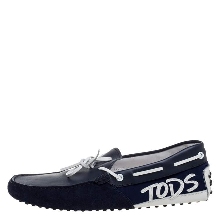 Pre Owned Tod's Blue/White Suede Leather And Fabric Bow Slip On Loafers Size 41.5