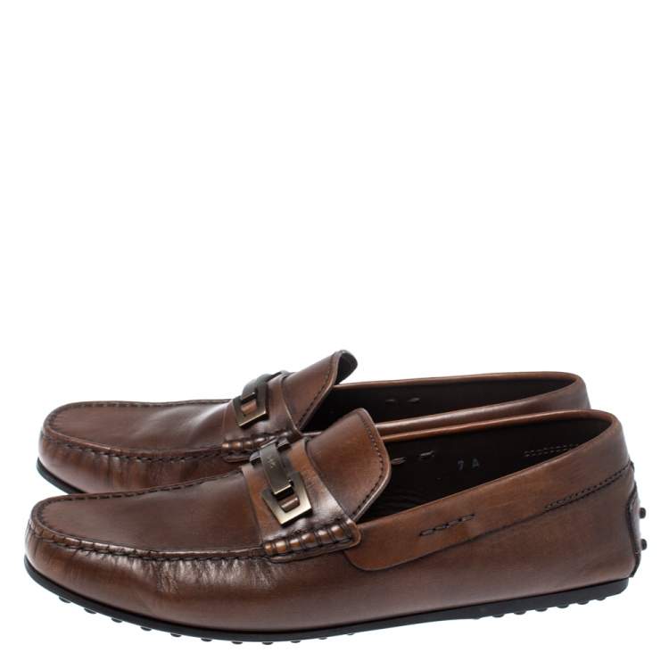 Pre Owned Tod's Brown Leather Macro Clamp Loafers Size 41A