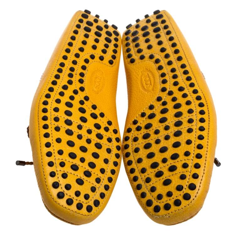 Pre Owned Tod's Yellow Leather Gommino Driving Bow Loafers Size 41.5