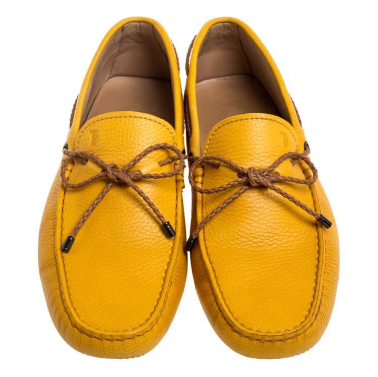Pre Owned Tod's Yellow Leather Gommino Driving Bow Loafers Size 41.5